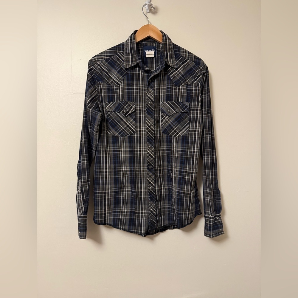 Wrangler Retro Plaid Pearl Snap Long Sleeve Shirt Black Grey Blue Medium EUC